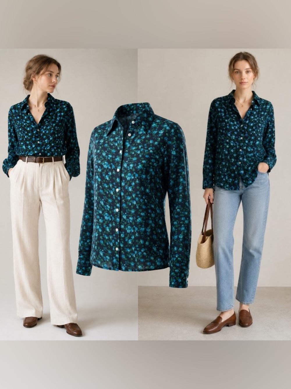 Trovata Silk Teal Green Floral Button Collared Shirt Long Sleeve Top Cottage XS